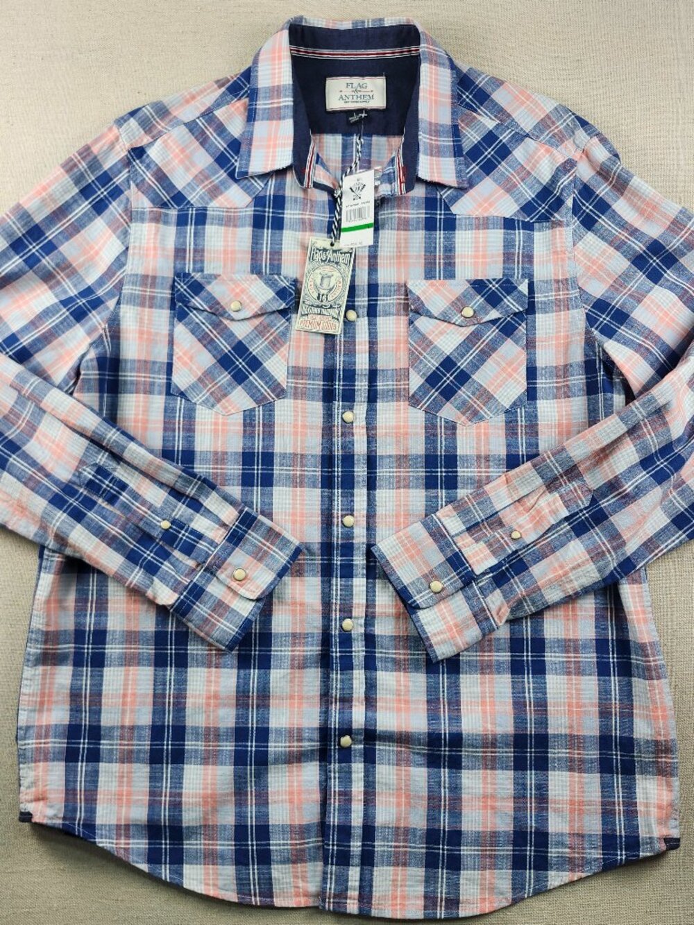 Flag & Anthem Men's Large NWT Western Pearl Snap Plaid Shirt 100% Cotton